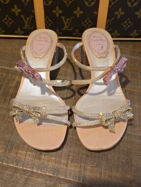 Authentic Rene Caovilla Caterina Peach Mule Crystal Bow Sandels, Size 35